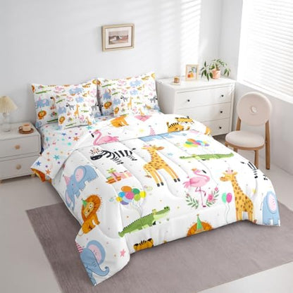 Erosebridal Party Animals 7 Piece Comforter Set Full for Nursery | Funny Cartoon Wild Animals Bedding Set Kids Boys Girls Flamingo Giraffe Elephant Zebra Crocodile Sheets Love Heart Floral Quilt