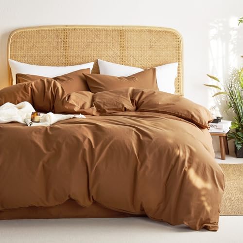 Wake In Cloud - Cotton Duvet Cover Set, 100% Washed Cotton, Linen Like Textured, Breathable Durable Farmhouse Neutral Bedding Set, 3 Pieces, Terracotta, King Size