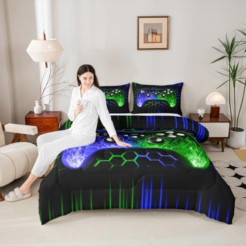 Erosebridal Ombre Art Honeycomb Gaming Bedding Set Blue Green Neon Lights Game Console Full Size Gaming Comforter Sets for Boys Geometric Hexagon Beehive Quilt Set Gamer Room Decor for Boys