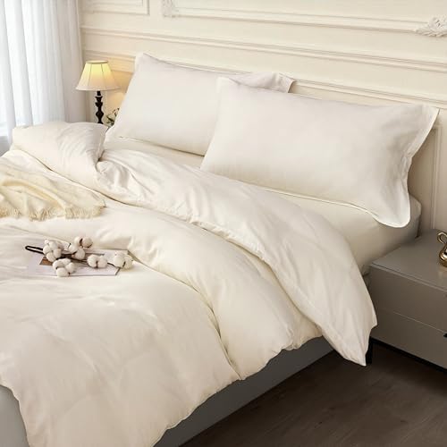 SAPHREAS 100% Washed Cotton Duvet Cover Queen Size Set, Linen Like Comforter Cover with Zipper Closure & Corner Ties (No Comforter), 90x90 White
