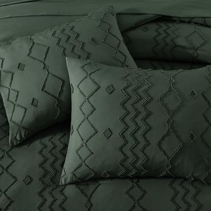 King Size Comforter Set Dark Green Tufted Boho Geometric Bedding 7 Pieces