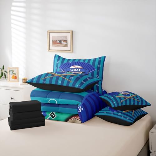 Erosebridal Navy Blue Boys Kids Ball Games Boys Baseball 7 Piece Bedding Set Twin | Sports Theme Gaming Pattern Comforter Set with Sheets Stripes Geometric Bed in A Bag Playground Bed Sets