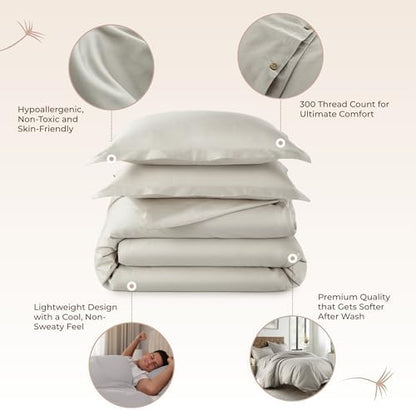 100% Organic Cotton Duvet Cover Queen Size - Naturally Soft Lightweight & Cooling Duvet Cover Set with Decorative Shams - Premium GOTS Certified 300 Thread Count Sateen Weave (Pewter, Queen)