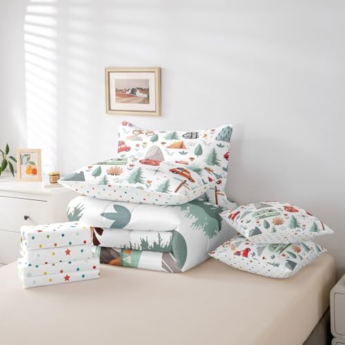 Erosebridal Kids Camper Theme 7 Pcs Comforter Set Twin Bed in a Bag,Happy Camping Bedding Set,Travel Car Rv Accessories Down Comforter,Botanical Flowers Mountain Adventure Quilt,Cute Camper Sheets