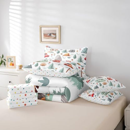 Erosebridal Kids Camper Theme 7 Pcs Comforter Set Twin Bed in a Bag,Happy Camping Bedding Set,Travel Car Rv Accessories Down Comforter,Botanical Flowers Mountain Adventure Quilt,Cute Camper Sheets