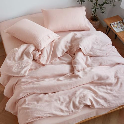 Sijo Stone Washed Organic French Linen Bed Sheet Set, GOTS Certified Organic, Best Cooling Linen Sheet Award by Sleep Foundation, 4 Piece - 2 Pillowcases, 1 Fitted and 1 Flat (Blush, Cal King)