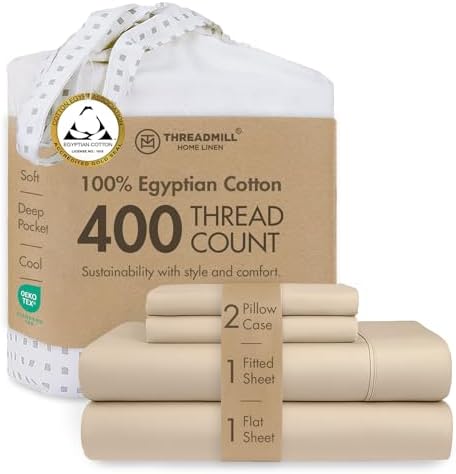 Threadmill 400 Thread Count Egyptian Cotton Full Sheet Set, Sateen, Beige