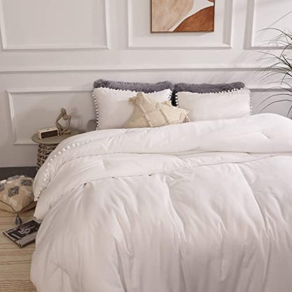 YIRDDEO Queen Comforter Set, White Ball Pom Fringe Bedding Set 3 Pieces