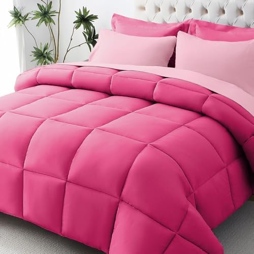 JOLLYVOGUE King Comforter Set, Ultra-Soft Bed in a Bag King Size 7 Pieces, Oeko-TEX Certified Bedding Set with Down Alternative Comforter, Sheets, Pillowcases & Shams, Hot Pink & Baby Pink