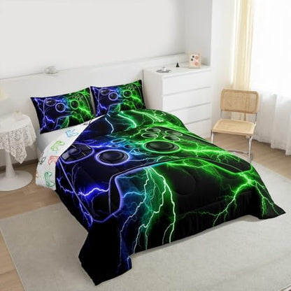Erosebridal Gamer Comforter Set Gaming Girl Toddler Bedding Set, Game Boy Games Comforter Blue Green Lightning Quilt,Kids Room Decor
