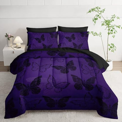 7Pcs Purple Butterfly Comforter Set Black Purple Printed Bedding Set with 1 Comforter, 1 Flat Sheet, 1 Fitted Sheet and 4 Pillowcases for Boys and Girls Bedroom (Butterfly-5 Queen