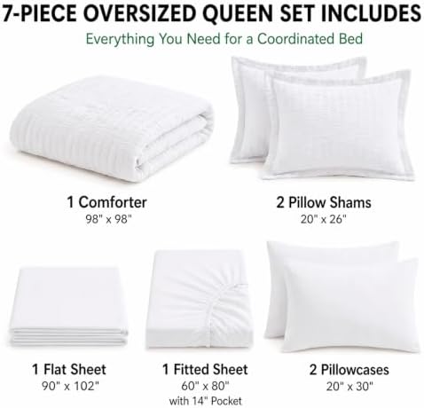 HIMEET Oversized Queen Comforter Set, 7-Piece Seersucker Bed in a Bag White