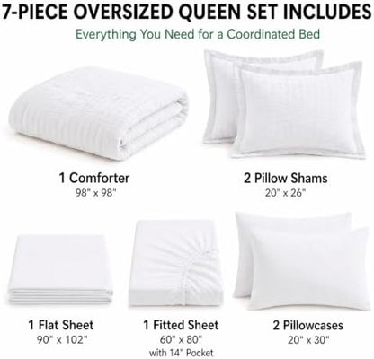 HIMEET Oversized Queen Comforter Set, 7-Piece Seersucker Bed in a Bag White