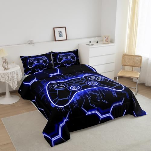 Feelyou Kids Blue Gamer Comforter Set Toddler Size, Honeycomb Gaming Comforter Boys Girls Modern Game Console Bedding Set Game Teens Duvet Set Bedroom Decor with 1 Pillow Case