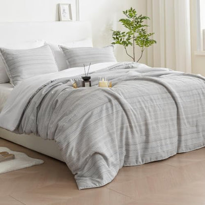 SLEEP ZONE Comforters Full Set, Wave Stripe Boho Bedding Set Gray 3 Pcs