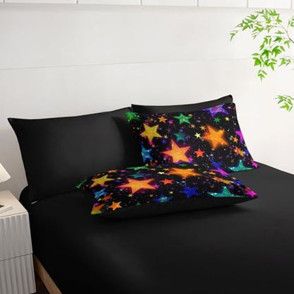 7Pcs Colorful Stars Comforter Set Starry Printed Bedding Set with 1 Comforter, 1 Flat Sheet, 1 Fitted Sheet and 4 Pillowcases for Boys and Girls Bedroom (Stars-2 Full