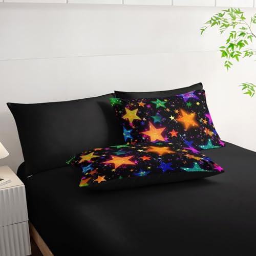 7Pcs Colorful Stars Comforter Set Starry Printed Bedding Set with 1 Comforter, 1 Flat Sheet, 1 Fitted Sheet and 4 Pillowcases for Boys and Girls Bedroom (Stars-2 Queen
