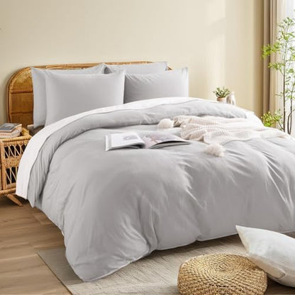 NEXHOME PRO Duvet Cover King Size,100% Washed Cotton Linen Feel Textured Organic Natural Duvet Cover 2 Pieces Bedding Set with Zipper Closure, Breathable Light Grey (No Comforter)
