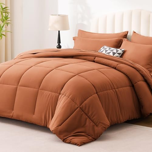 Love's cabin California King Comforter Set Burnt Orange, 7 Pieces California King Bed in a Bag, All Season Bedding Sets with 1 Comforter, 1 Flat Sheet, 1 Fitted Sheet, 2 Pillowcase and 2 Pillow Sham