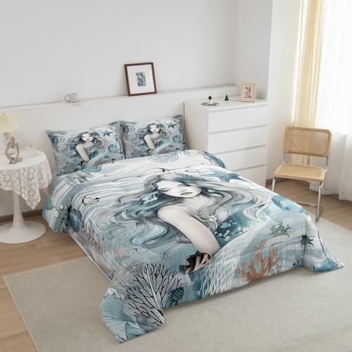 Homewish Beauty Mermaid Girl Bedding Set Full Size,Coral Shell Starfish Comforter Set for Kids Girls Boys Teens Room Decor,Fantasy Sea Life Quilt Set Ocean Blue Vintage Duvet Insert,2 Pillowcases