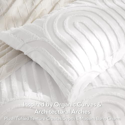 MR&HM Queen Comforter Set Boho 7pcs, White Weatern Arch Tufted Bedding Set