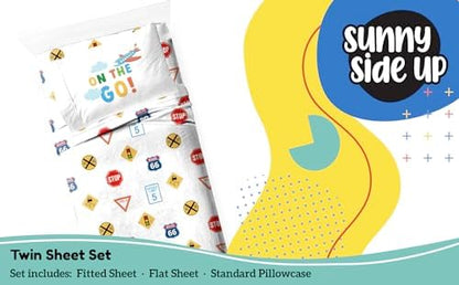 Sunny Side Up On The Go Twin Sheet Set - 3 Piece Kids Bedding Set Includes Pillow Cover - Super Soft Vehicles Microfiber Sheets