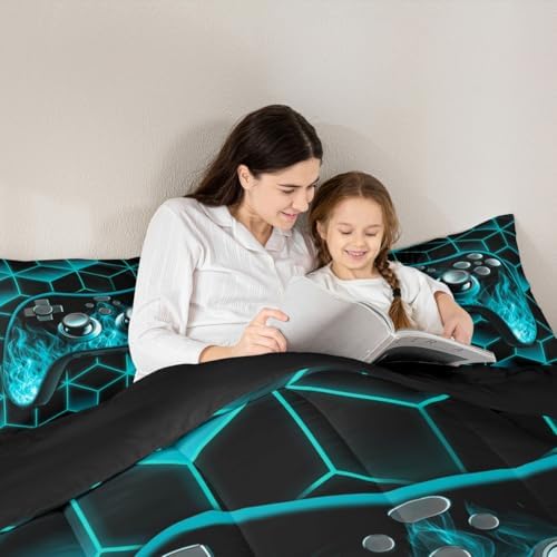 Teal Game Console Comforter Set for Boys, Neon Geometric Gamer Bedding Set, 3D Geometric Comforter Set with Flame Gaming Consoles Gamer Decor