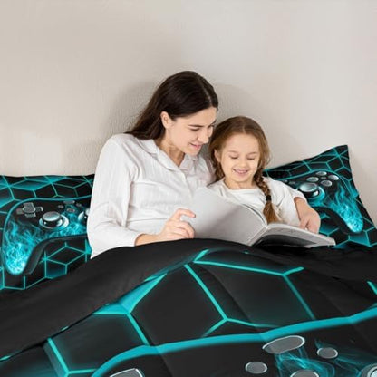 Teal Game Console Comforter Set for Boys, Neon Geometric Gamer Bedding Set, 3D Geometric Comforter Set with Flame Gaming Consoles Gamer Decor