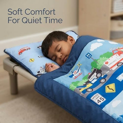 EVERYDAY KIDS Toddler Nap Mat with Removable Pillow -Fire Police Rescue- Carry Handle Fastening Straps Closure, Rollup Design, Soft Microfiber for Preschool, Daycare, Sleeping Bag -Ages 2-6 Years