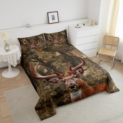 Feelyou Deer Bedding Set Queen Size Deer Hunting Comforter Set for Kids Boys Girls Decor Rustic Farmhouse Comforter Tree Branches Duvet Set with 2 Pillowcase 3Pcs Bedding