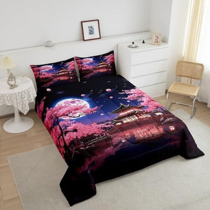Pink Cherry Blossoms Comforter Set Full Size,Japanese Style Building View Bedding Set for Kids Girls Women Men Bedroom Decor,Night Moon Quilt Set Romantic Exotic Duvet Insert,2 Pillowcases