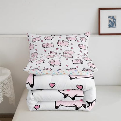 Feelyou Kids Pink Pig Comforter Set Toddler Cartoon Pigs Bedding Set Boys Girls Lovely Animal Cute Pet Quilt Set Farm Animal Love Heart Bed Set