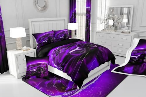 Feelyou Kids Teens Sports Car Bed in a Bag King Size Purple Race Car 7 Piece Bedding Set for Kids Teens Boys Girls Extreme Sports Theme Comforter Set with Sheets Speed Luxury Car Bed Set