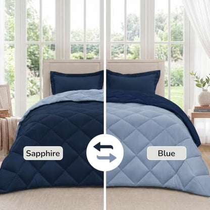 downluxe Queen Comforter Set Soft Reversible 3 Pieces, Blue/Sapphire