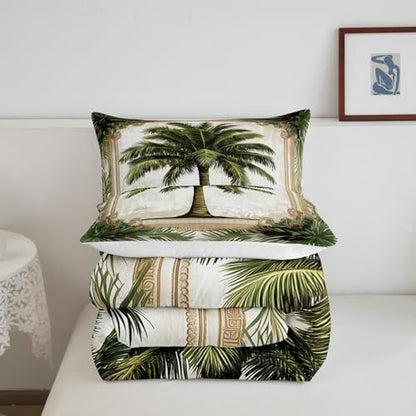Homewish Coconut Tree Bedding Set Full Size,Tropical Plants Comforter Set 3Pcs for Kids Girls Boys Teens Room Decor,Rustic Vintage Brown Quilt Set Coastal Beach Duvet Insert,2 Pillowcases
