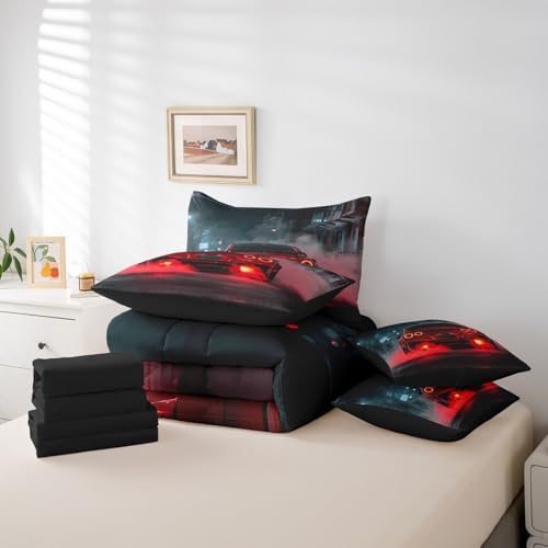 Erosebridal Red Race Car 7 Pieces Bedding Set Twin Size,Extreme Sports Gaming Bed in a Bag,Cool Red Speed Car Bed Set Includes Comforter,Sheet Set,Pillowcases & Pillow Covers,Red Black Bedroom Decor