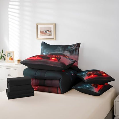 Erosebridal Red Race Car 7 Pieces Bedding Set Twin Size,Extreme Sports Gaming Bed in a Bag,Cool Red Speed Car Bed Set Includes Comforter,Sheet Set,Pillowcases & Pillow Covers,Red Black Bedroom Decor