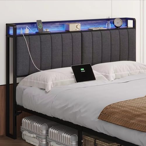 King Headboard Only with Storage & Outlets,Bed Headboard King Size,Gray