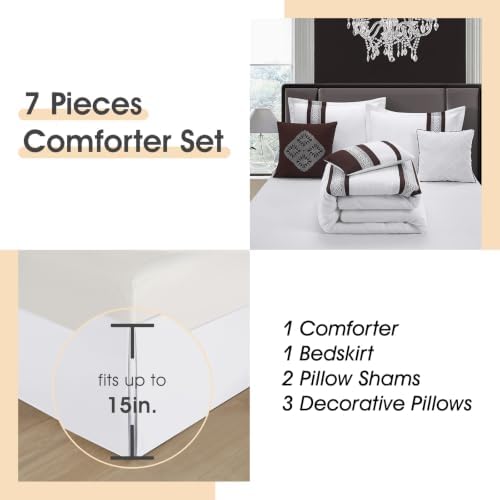 LANCO MODERN LIFESTYLE 7 Piece Comforter Set, Coffee White, Queen Size, Boho Style Geometric Microfiber Embroidery, Bed in a Bag with Bedskirt, Pillow Shams and Decor Pillows