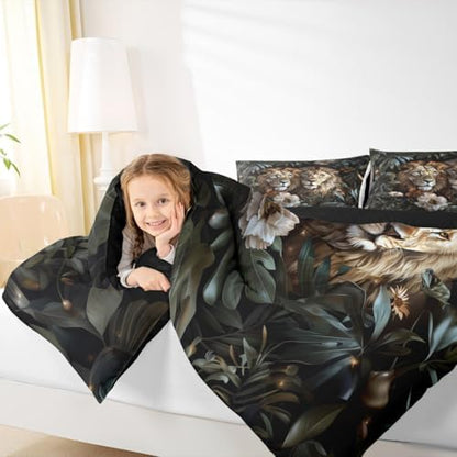 Couple Lion Kids Comforter Set King Size,Flowers Palm Leaf Tropical Rustic Bedding Set,Girls Boys Room Decor,Botanical Wildlife Jungle Animals Quilt Comforter,Vintage Duvet Insert,2 Pillowcases