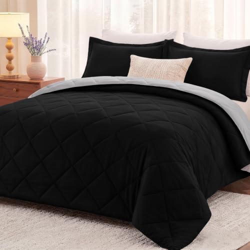 downluxe Twin Comforter Set Soft Reversible 5 Pieces, Black/Grey