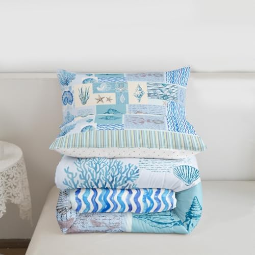 Ocean Shell Conch Comforter Set King Size,Geometric Stripes Plaid Quilt Set Vintage Sketch Coral Fish Bedding Set 3Pcs for Kids Girls Boys Adult Room Decor,Sea Blue Duvet Insert,2 Pillowcases
