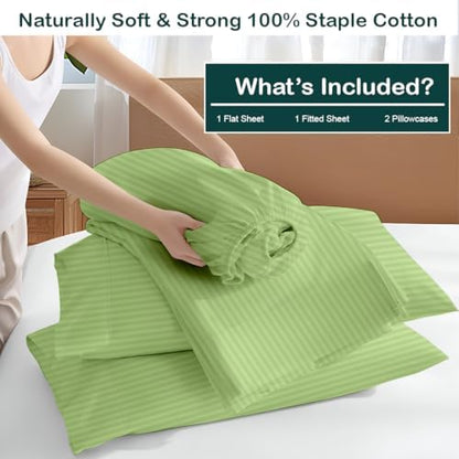 NON Sticky cotton Full 4 Piece Sheet Set, 100% Long Staple Cotton, Soft Cooling Hotel Luxury Bedding Sheets, Deep Pocket Fits 10" to 18" Mattress, 54" x 75", Sage Stripe