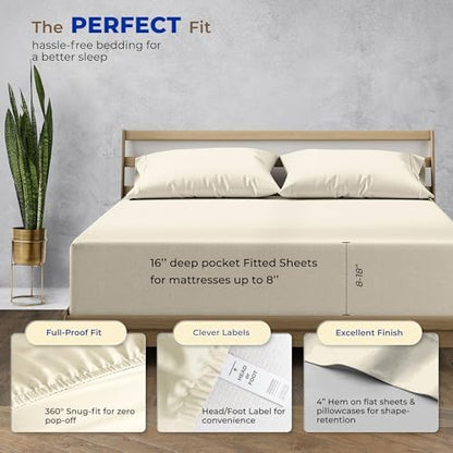 THREAD SPREAD California King Bed Sheets, Luxury 1000 Series Paradise Collection 100% Egyptian Cotton Cal King Sheets Set (4 PC, Ivory), Silky Soft, Cooling, 16" Deep Pocket Hotel Sheet Set