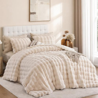YIKUSH Twin Faux Fur Soft Comforter Set, Fluffy Beige Rabbit Fur Comforter