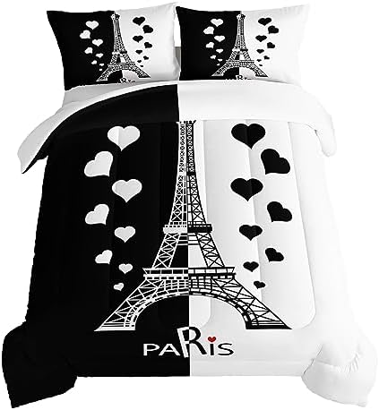HOSIMA Black and White Stitching Love Heart Paris Bedroom Comforter Set,Eiffel Tower Modern French Style Bedroom Decor,Romantic Sweet Couple Full Size Comforter Sets with 2 Pillow Cases.