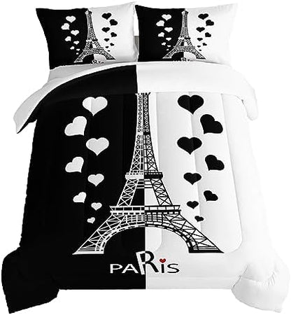 HOSIMA Black and White Stitching Love Heart Paris Bedroom Comforter Set,Eiffel Tower Modern French Style Bedroom Decor,Romantic Sweet Couple Full Size Comforter Sets with 2 Pillow Cases.
