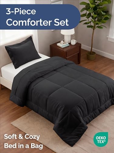 Twin Comforter Set - Black Bedding for All Seasons - Soft 2 Piece Bed Set