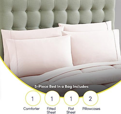 Sweet Home Collection 5 Piece Comforter Set Bag Solid Color All Season Soft Down Alternative Blanket & Luxurious Microfiber Bed Sheets, Pale Pink, Twin