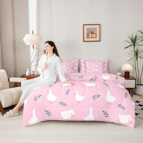 Erosebridal Cute Silly Goose 7-Piece Bed in a Bag Full Girls Cartoon Ducks Bedding Set for Kids Teens Funny Animals Comforter Set with Sheets Pink Farmhouse Floral Soft Decor